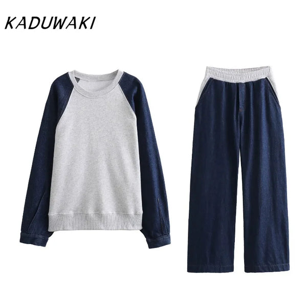 Women 2 Piece Set Denim Pullover Sweatshirts & Vintage High Elastic Waist Trousers Feamle Chic Lady Pants Set