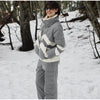Women Chevron Color Block Padded Ski 2 Piece Set Fleece Collar Zipper Snow Jacket Cargo Wide Leg Pants Winter Snowboard Outfits