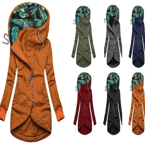 Women's Long-Sleeve Hooded Jacket with Zipper in Solid Color Print