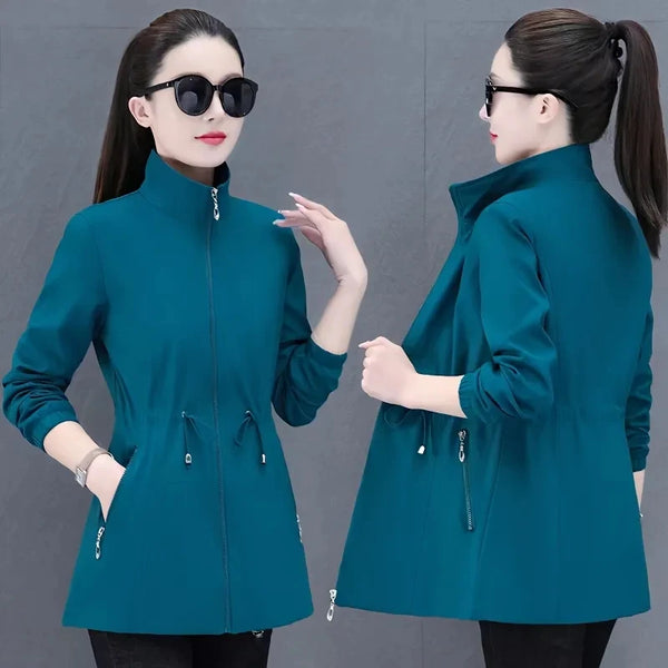 Windbreaker Women Mid Length Outerwear Spring Autumn Korean Waist Jacket Trench Coat for Women Basic Coat Mom Clothes