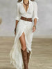 Vintage Solid Single Breasted Slit Long Dresses Women Lapel Belted Slim Pleated Long Sleeve Bohemian Irregular Maxi Dress