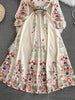Runway Designer Dresses Women Stand Neck Long Sleeve Floral Print With Belt Boho Holiday Dress Flower Long Robes