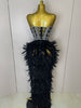 Stock Women Sexy Sparkly Rhinestone Mesh Feather Long Dress Elegant Evening Party Celebrate Birthday Performance Costume