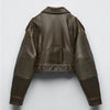 Vintage Loose Pu Faux Leather Short Jacket with Belt Streetwear Female Zipper Retro Moto Biker Coat Outwear Tops