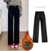 Winter Thickened Women's Mink Velvet Jeans Loose Straight Warm Soft Fleece Elastic High Waist Female Pants Black Blue