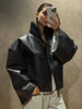 Beige Croc Leather Cropped Jacket Y2k Stand Collar Long Sleeve Wide Cuff Oversize Coat Autumn Street Daily Casual Outerwear