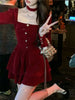 Women's Slim Fit A-line Velvet Dress Christmas Clothes Square Collar Long-sleeved Red Sweet Girl Autumn Winter