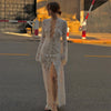 Sexy Lace Printed White Dress For Women See-Through Hollow Out Full Sleeve V Neck Slit Slim Maxi Dress Evening Party Club Outfit
