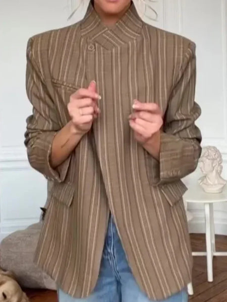 Women Khaki Striped Oversized Blazer Asymmetrical Button Closure Tailored Lapel Collar Structured Coat Minimalist Urban Outfits
