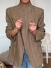 Women Khaki Striped Oversized Blazer Asymmetrical Button Closure Tailored Lapel Collar Structured Coat Minimalist Urban Outfits