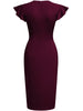 Women Crew Neck Ruffle Vintage Slim Work Office Cocktail Party Knee Length Sheath Bodycon Pencil Slim Dress