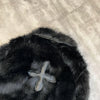 Winter Women Cotton Jacket Lapel Long Sleeve Patch Cross Short Fur Coat Black