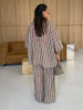 Striped Long Pants Set Color Block Turn Down Collar Three Quarter Sleeve Shirt Wide Leg Bottoms Casual Chic Women Outfits