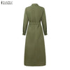 Women Autumn Cargo Maxi Long Dresses Casual Long Sleeve Pockets Belted Collared Shirt Dress Commuting Workwear S-3XL