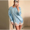 Women's Satin Short Dress Patchwork Lace Trim Crew Neck Long Sleeve Loose Dresses Spring Lady Casual Daily Chic Streetwear