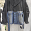 Contrasting Color Splicing Coat for Women Retro Suit Collar Double-breasted Denim Jackets