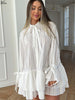 Elegant White Cotton Women's Dress Lace-Up Neck Lace Long Sleeve Dresses Autumn Loose Pleated Mini Dress Female