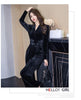 Temperamnet Velvet Jumpsuit For Women Elegant V-neck Long Sleeve Slim Wide-Leg Pants with Brooch