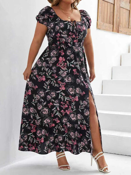 Women Plus Size Floral Maxi Dress Elastic High Waist Loose Square Neck Puff Sleeve Split Dress Casual All-Season Streetwear