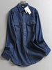 Women's Same Solid Color Lapel Pocket Medium and Long Loose Coat Long Sleeve Casual Denim Shirt