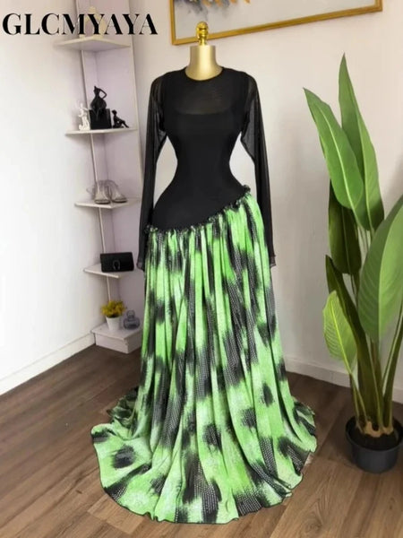 Women Mesh Print Full Sleeve O-neck Elegant Long Maxi Dress Fall Birthday Holiday Evening Sexy Party Dresses Vestidos