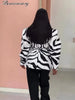 Women's Brown White Zebra Print Lapel Blazer Vintage Wide Stripe Thick Velvet Loose Suit Jacket Autumn High Street Outwear