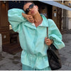 Shiny Stand Collar Short Jacket Women Puff Sleeve Drawstring Waist Cinching Pleated Jackets Autumn Causal Lady Outerwear