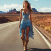 Women's Denim Retro Western Midi Flare Dress with Ruffle Skirt - Vintage Cowboy Style Fall, Stretch Comfort