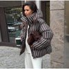 Winter Women Striped Hooded Cotton Jacket Long Sleeve Stand Zipper Buttons Thickening Padded Jackets Casual Office Lady Coat
