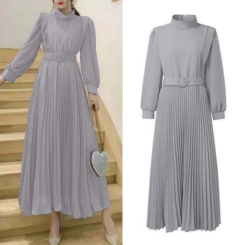 Women's Elegant Chic Maxi Dresses Turtleneck Lantern Sleeves Belted High Waist Pleated Long Dress Korean Style Robe Femme