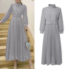 Women's Elegant Chic Maxi Dresses Turtleneck Lantern Sleeves Belted High Waist Pleated Long Dress Korean Style Robe Femme