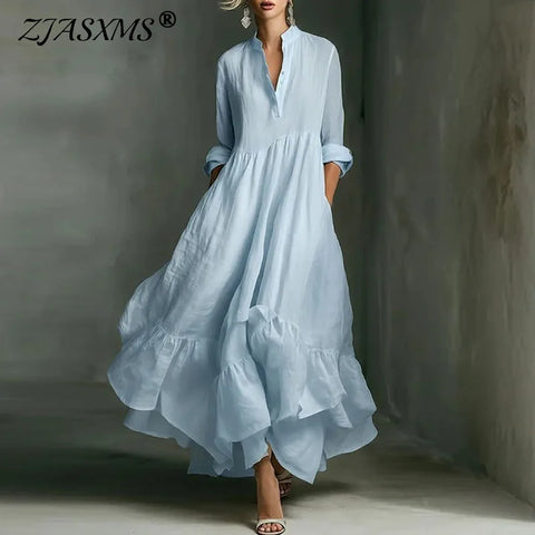 Women's Casual Dresses Spring Elegant V Neck High Waist A-Line Long Dress Retro Solid 3/4 Sleeve Ruffle Hem Boho Maxi Dress