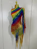 Women Colorful Sparkly Rhinestones Tassel Sexy See-Through Dress One Shoulder Latin Dance Outfits Nightclub Party Stage Costume