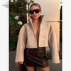 Beige Croc Leather Cropped Jacket Y2k Stand Collar Long Sleeve Wide Cuff Oversize Coat Autumn Street Daily Casual Outerwear