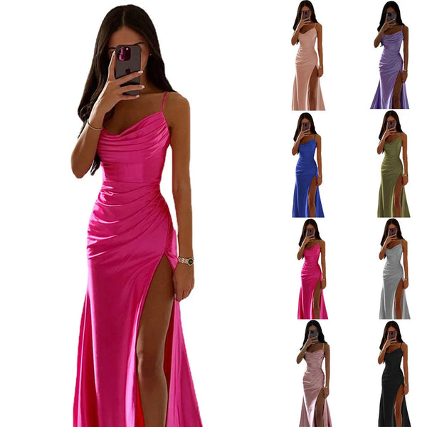 Women's Spring Bra Shrink Pleated Split Satin Dress Sexy Slim Fit Wrap Hip Dress