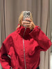 Casual Red Plaid Pattern Jacket Stand Collar Full Zipper Loose Outerwear Autumn Winter Chic High Street Daily Women Outfit