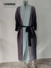 Gradient Pleated Trench Coat For Women Bat Sleeve Scarf Collar Long Windbreaker Female Clothing 2DA2148