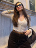 Women Lace V Neck Cropped Cardigan Coat Long Sleeve Button Knit Sweater Spring Casual Streetwear Lady Slim Knitwear