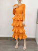 Long Pleated Dress Women Round Neck Solid Color Ruffles Cake Belt Dresses Multi-layer Female Elegant Clothing 2R6863