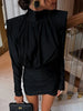 Women Black Pleated Shoulder Pad Dress Full Sleeve High Collar Slim Mini Dresses Lady Daily Commute Elegant Gowns