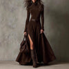 American Retro Suede Leather Split Hem Dress for Women's Long Sleeve Turtleneck Solid Elegant Sexy Fit and Flare Long Dress