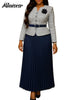 Plaid Blazer Suits for Woman Button 3D Floral Brooch Belt and Pleated Skirt 2 Piece Set Female Office Outfits
