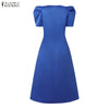 Women's Elegant Satin Silk Party Dress Puff Sleeve V-Neck Bow A-Line Midi Dresses Wedding Guest Cocktail Robes Femme
