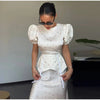 Women's White Floral Print Puff Sleeve Dress With Waistband Satin Ruffled Hem Maxi Dress Lady Elegant Party Robes
