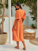 100% Cotton V-neck Waist Cinched Dress Unique Lantern Sleeve Sexy Slit Long Skirt Women's Casual Dresses