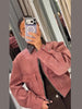Pink Corduroy Cropped Jacket For Women Casual Contrast Collar Long Sleeve Zipper Coat Lady Spring Chic Streetwear