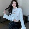 White Cropped Jackets for Women Korean Ruffles Double-Breasted Coat Ladies Elegant Chic Short Tweed Cardigans