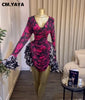 Women Tie Dye Print Ruffles Long Sleeve Bodycon Ruched Draped V-neck Dress Fall Street Birthday Vacation Dresses