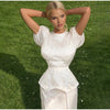 Elegant Women's Printed Waistband Long Dress 3D Flower V-neck Bubble Sleeve Patchwork A-line Dresses Spring Party Robe