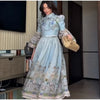 Floral Print Women Dress Button Down Mock Neck Maxi Dresses Long Lantern Sleeve A-Line Waist Belt Flared Hem Elegant Streetwear